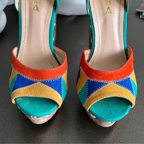 ALBA Peep Toe Platform Multicolor Patche Design Stitch Front Ankle Belt Size 7.5 - Picture 2 of 10